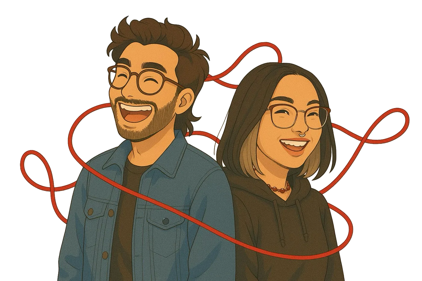 Two friends laughing, a red string looped around them